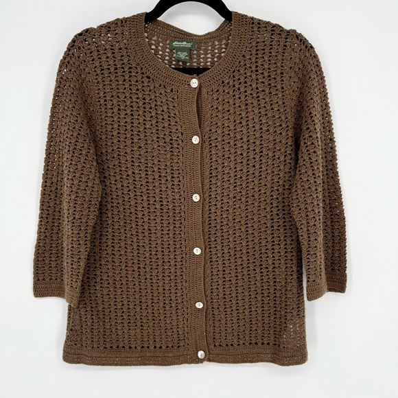 Eddie Bauer Sweaters - Vintage Eddie Bauer Crochet Linen Cotton Blend Brown Open-Knit Cardigan